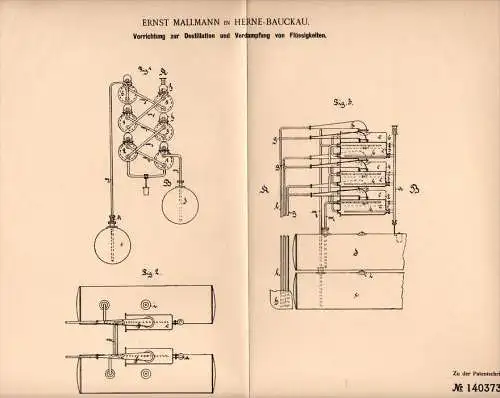 Original Patentschrift - E. Mallmann in Herne - Baukau , 1902 , Apparat zur Destillation und Verdampfung !!!