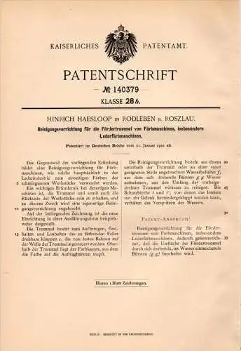 Original Patentschrift - H. Haesloop in Rodleben b. Roßlau , 1902 , Apparat für Leder - Färbemaschine , Dessau !!!