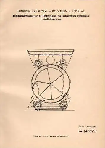 Original Patentschrift - H. Haesloop in Rodleben b. Roßlau , 1902 , Apparat für Leder - Färbemaschine , Dessau !!!