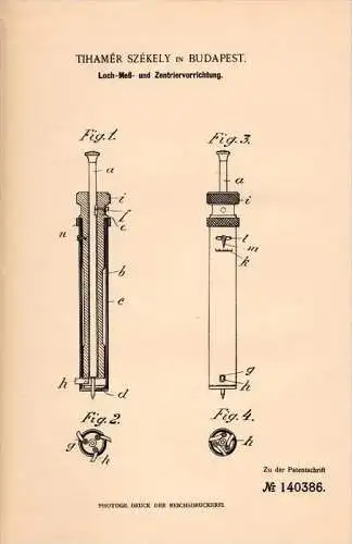 Original Patentschrift - Th. Székely in Budapest , 1902 , Loch-, Meß- und Zentriervorrichtung , Brückenbau , Brücke !!!