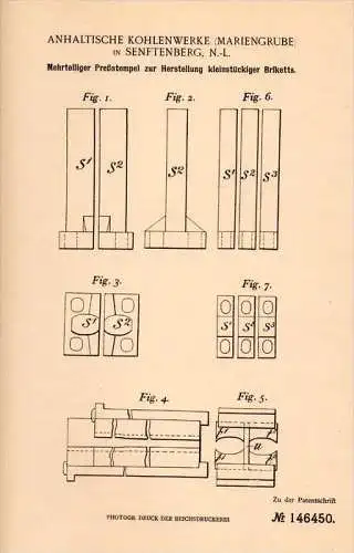 Original Patentschrift - Anhalt. Kohlenwerke in Senftenberg , 1903 , Brikett - Preßstempel , Kohle , Briketts , Bergbau