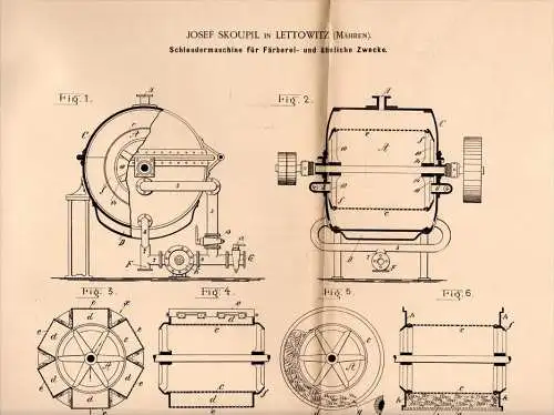 Original Patentschrift - J. Skoupil in Lettowitz / Letovice , 1901 , Schleudermaschine für Färberei , Schleuder !!!