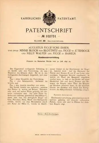 Original Patentschrift - M. Bloch von Blottnitz , A. Figge in Jüterbog und Hameln , 1897 , Massierapparat , Massage !!!