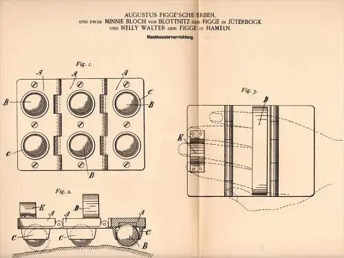 Original Patentschrift - M. Bloch von Blottnitz , A. Figge in Jüterbog und Hameln , 1897 , Massierapparat , Massage !!!