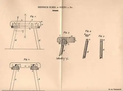 Original Patentschrift - H. Ecker in Sinzig b. Ahrweiler a. Rh. , 1899 , Militär - Schemel , Hocker  !!!