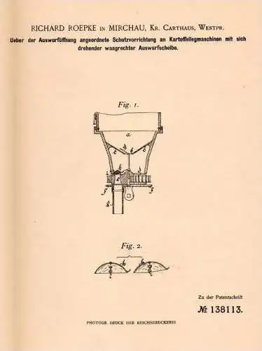 Original Patentschrift - R. Roepke in Mirchau / Mirachowo ,1902, Westpreussen , Apparat für Kartoffel - Maschine , Agrar