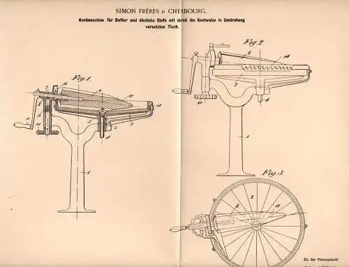 Original Patentschrift - S. Freres in Cherbourg , 1900 , machine de malaxage pour le beurre, les produits laitiers !!