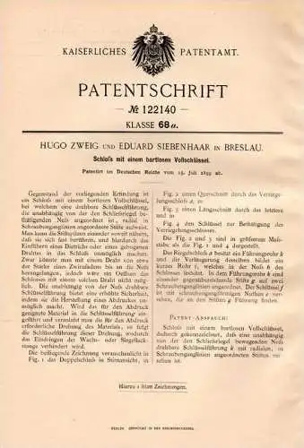 Original Patentschrift - H. Zweig und E. Siebenhaar in Breslau , 1899 , Schloss mit Vollschlüssel , Schlüssel  , Tür !!!