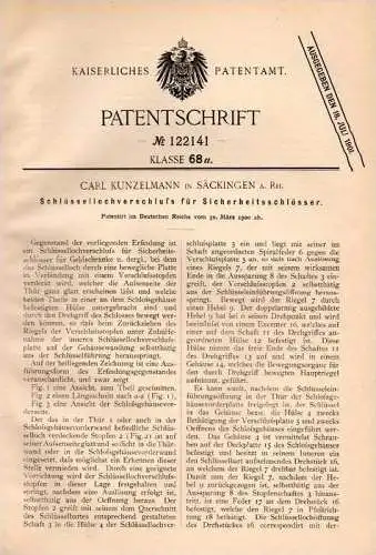 Original Patentschrift -C. Kunzelmann in Säckingen a. Rh.1900, Schlüsselloch - Verschluss , Türschloss , Schlüsseldienst