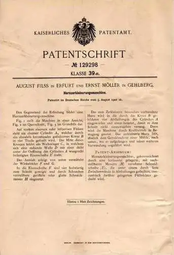 Original Patentschrift -  E. Möller und A. Filss in Gehlberg und Erfurt , 1900 , Horn - Zerkleinerungsmaschine , Ilmenau