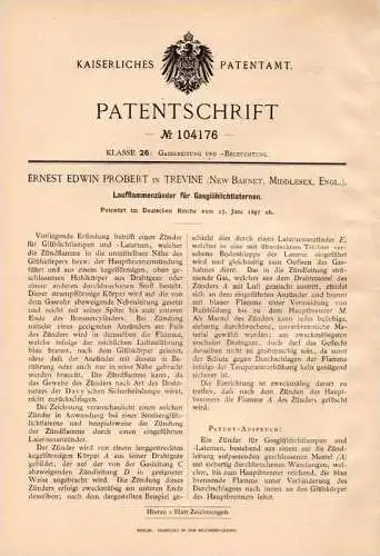 Original Patentschrift - E. Probert in Trevine , New Barnet , 1897 , flame lighter for gas lamp , lantern !!!