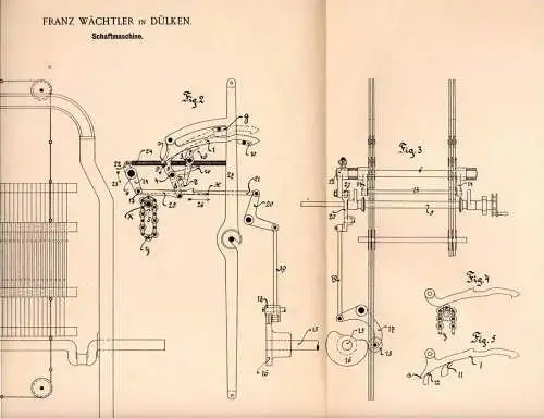 Original Patentschrift - F. Wächtler in Dülken b. Viersen , 1897 , Schaftmaschine , Weberei , Webstuhl !!!