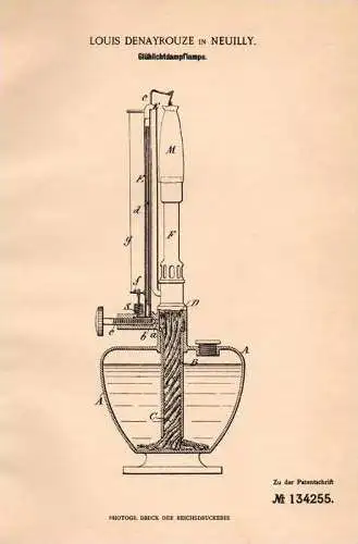 Original Patentschrift - Louis Denayrouze in Neuilly sur Seine , 1901 , lampe à incandescence vapeur , gaz !!!