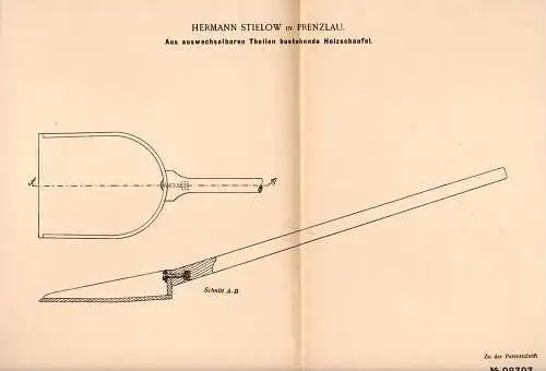 Original Patentschrift - H. Stielow in Prenzlau , 1897 , Holzschaufe aus mehreren Teilen , Schaufel , Bau , Spaten !!!