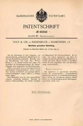 Original Patentschrift - Vogt & Cie in Niederbruck b. Masmünster i.E., 1895 , Leitung für Dampf , Gas , Masevaux !!!