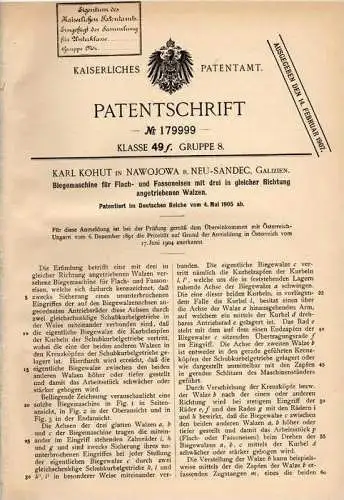 Original Patentschrift - K. Kohut in Nawojowa b. Neu Sandez / Nowy Sacz , 1905 , Biegemaschine für Flacheisen , Eisen !!