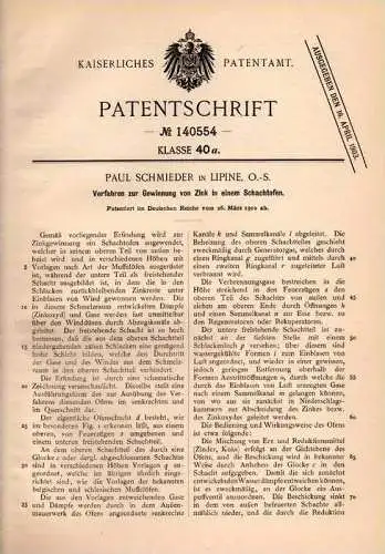 Original Patentschrift - P. Schmieder in Lipine / Lipiny O.-S.,1902, Gewinnung von Zink aus Ofen , &#346;wi&#281;toch