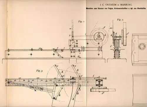 Original Patentschrift - J.C. Ostheim in Marburg , 1898 , Maschine zum Stanzen von Felgen aus Blech !!!