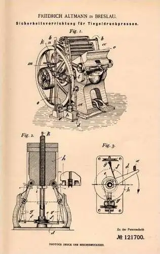 Original Patentschrift - F. Altmann in Breslau , 1900 , Tiegeldruckpresse , Tiegeldruck , Prägung , Druckerei , Druck !!