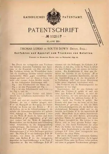 Original Patentschrift - Th. Lomas in South Down , Devon , 1899 , Apparat zum Trocknen von Gelantine , southdown !!!