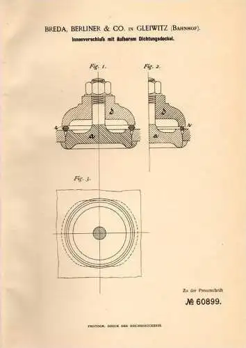 Original Patentschrift - Breda , Berliner & Co in Bahnhof Gleiwitz , 1891 , Dichtungsdeckel , Innenverschluß !!!