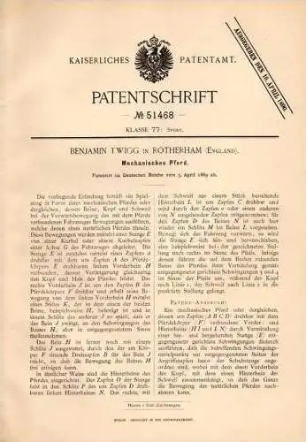 Original Patentschrift - B. Twigg in Rotherham , England , 1889 , mechanisches Pferd , Karussell , Horse !!!