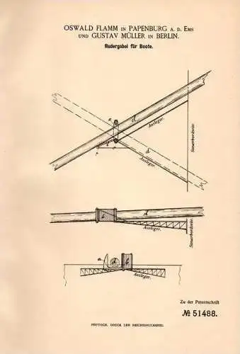 Original Patentschrift - O. Flamm in Papenburg a.d. Ems , 1889 , Rudergabel für Boote , Ruder , Boot !!!