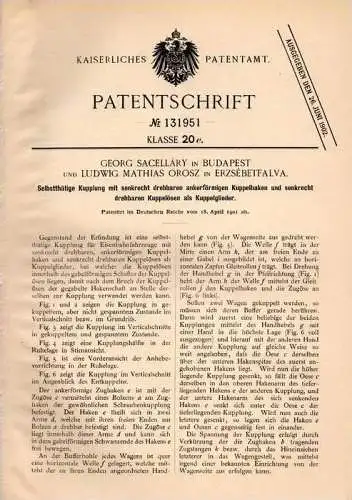 Original Patentschrift - M. Orosz in Erzsébetfalva und Budapest , 1901 , Kupplung für Eisenbahn !!!