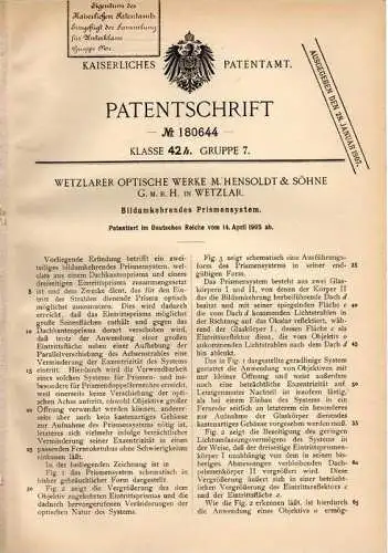 Original Patentschrift - Optische Werke , Hensoldt & Söhne in Wetzlar , 1905 , Prismensystem , Prisma !!!