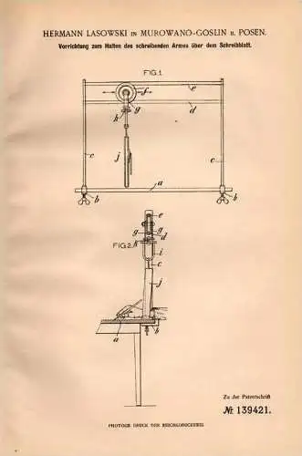 Original Patentschrift - H. Lasowski in Murowana Goslin b. Posen , 1902 , Halter für Arm beim Schreiben !!!