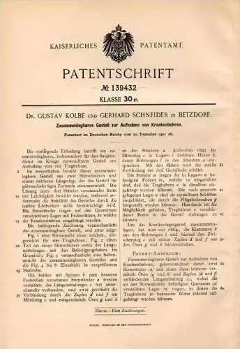 Original Patentschrift - Dr. Gustav Kolbe in Betzdorf b. Altenkirchen , 1901 , Gestell für Krankenbahren , Krankenhaus !