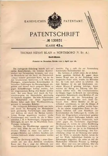 Original Patentschrift - T. Blair in Northboro , Massach., USA , 1901 , Kontrollkasse !!!