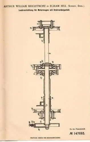 Original Patentschrift - A. Brightmore in Egham Hill , Surrey , 1902 , Lenkvorrichtung für Motorwagen , Automobile !!!