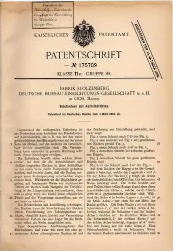 Original Patentschrift - Deutsche Buerau GmbH in Oos , Baden , 1905 , Briefordner !!!