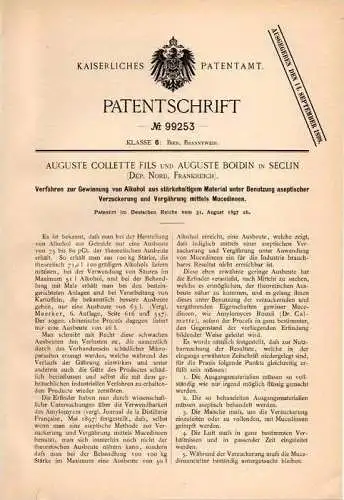 Original Patentschrift - A. Boidin in Seclin , Dép. Nord , 1897 , Gewinnung von Alkohol , Alcohol !!!