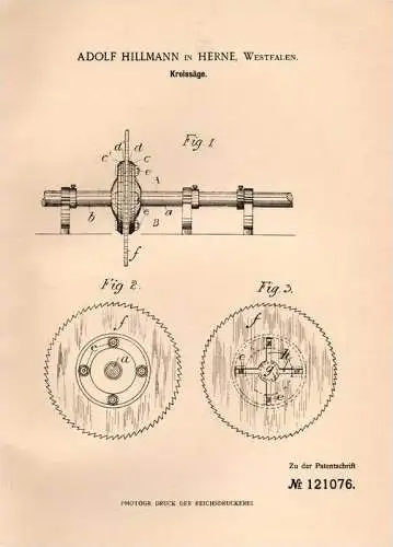 Original Patentschrift - A. Hillmann in Herne , Westf., 1900 , Kreissäge , Säge , Sägewerk , Tischlerei !!!