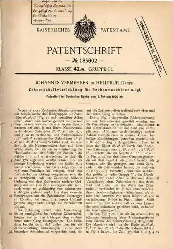 Original Patentschrift - J. Vermehren in Hellerup , Dänemark , 1906 , Rechenmaschine , Mathematik , Rechner !!!