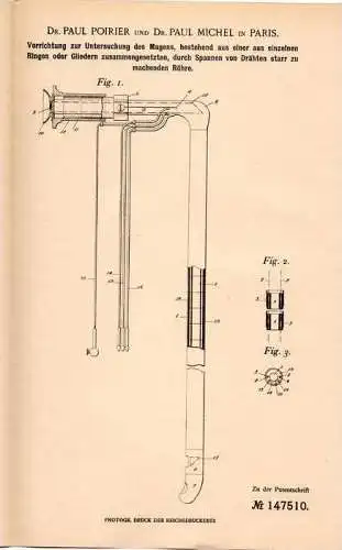 Original Patentschrift - Magensonde , 1901 , Dr. P. Poirier in Paris , Magenspiegelung , Magen , Arzt , Untersuchung !!!