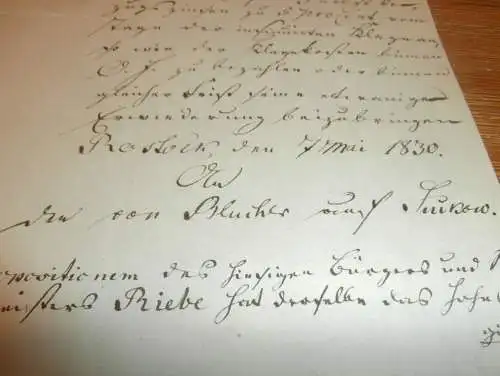 von Blücher auf Sukow b. Crivitz , 1830 , Rostock , Teterow , Dr. Roentgen Güstrow  Dokument 2 Seiten , Adel Mecklenburg