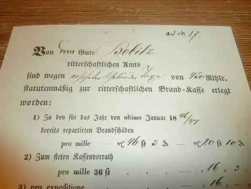 Gut Bobitz , 1846 , ritterschafftliche Brand-Kasse , Rostock , von der Schulenburg , Dokument , Adel Mecklenburg !