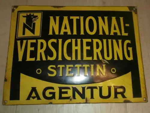 original Emailschild - STETTIN - Agentur Nationalversicherung ,RAR , 40x30 cm , Pommern , Versicherung Reklame / Werbung