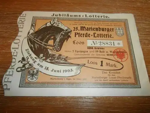 25. Marienburger Pferde-Lotterie 18.06.1903 , Jubiläums-Lotterie Marienburg in Westpreussen , Malbork !!!