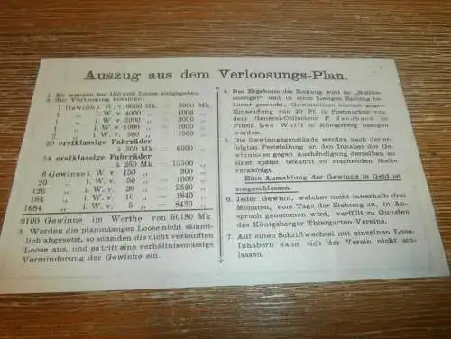 Thiergarten Lotterie Königsberg 28.10.1899 , Lotterieschein , Restaurant Hufenpark , Preussen , Kaliningrad !!!