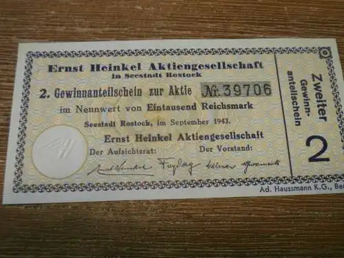 Ernst Heinkel AG in Rostock , 1943 , Gewinnanteilschein zur Aktie , 1000 RM , Mecklenburg !!!