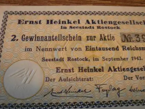 Ernst Heinkel AG in Rostock , 1943 , Gewinnanteilschein zur Aktie , 1000 RM , Mecklenburg !!!