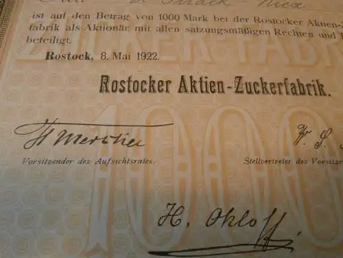 Rostocker Zuckerfabrik 1922 , alte Aktie , 1000 Mark , H. Strack in Niex , Namensaktie , Rostock , Mecklenburg !!!