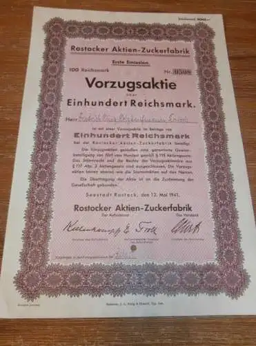 Rostocker Zuckerfabrik 1941 , alte Aktie , 100 Reichsmark , Friedrich Hintz in Rostock , Namensaktie , Mecklenburg !!!