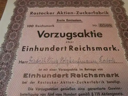 Rostocker Zuckerfabrik 1941 , alte Aktie , 100 Reichsmark , Friedrich Hintz in Rostock , Namensaktie , Mecklenburg !!!