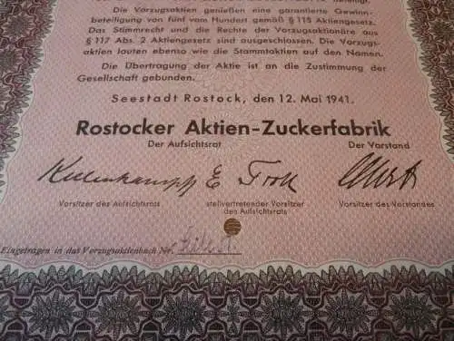 Rostocker Zuckerfabrik 1941 , alte Aktie , 100 Reichsmark , Friedrich Hintz in Rostock , Namensaktie , Mecklenburg !!!