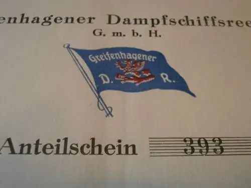 Aktie der Dampfschiff-Reederei Greifenhagen 1928 , 150 RM , Gryfino , Pommern !!